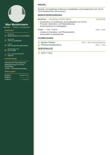 German CV example - Sidebar design with photo